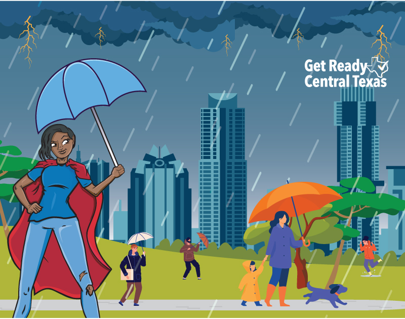 An image showing a young woman superhero holding an umbrella under a rain cloud, in front of an Austin skyline and a park where people are walking dogs. 