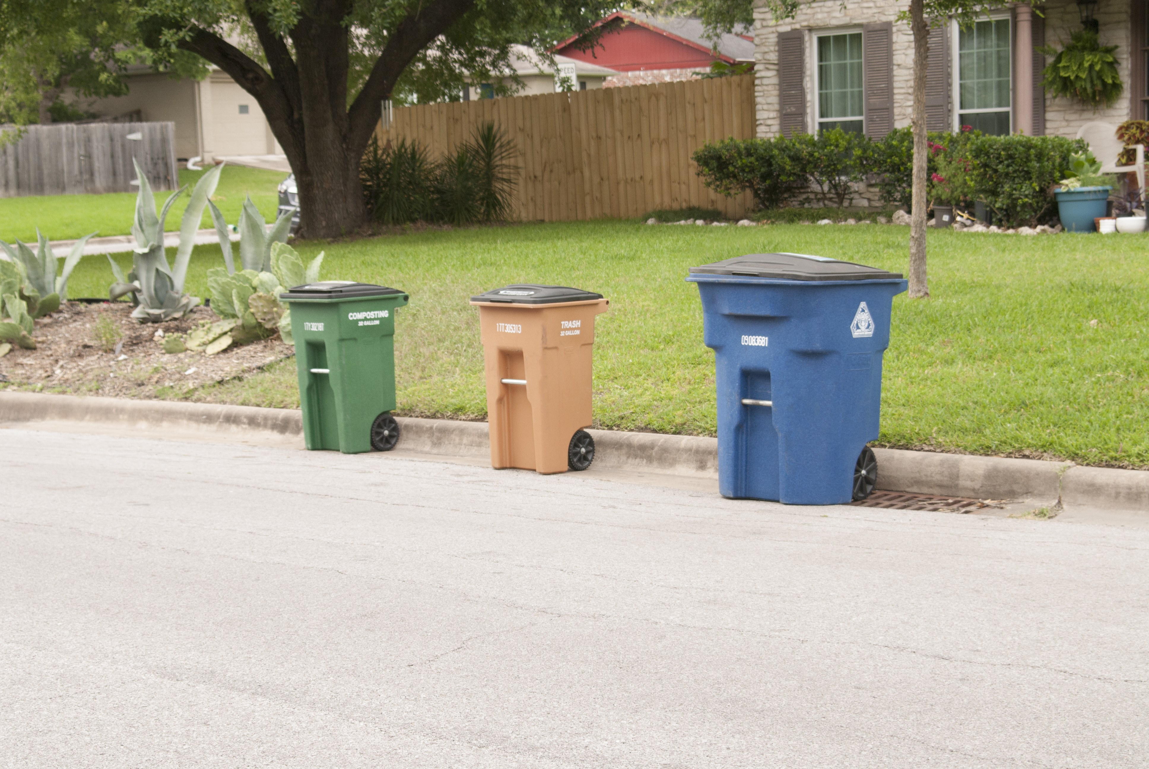 Compost, trash and recycling carts at the curb