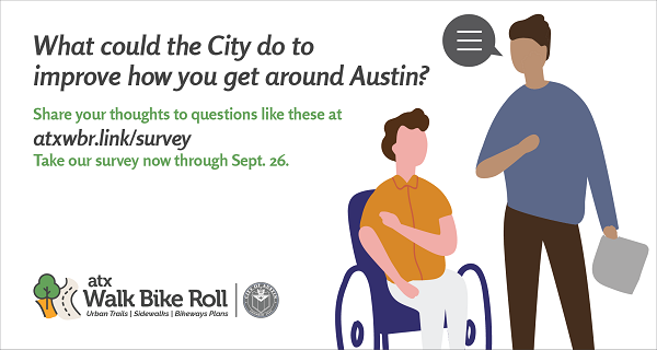 Illustration of two men, one asks the other "What could the City do to improve how you get around Austin?"