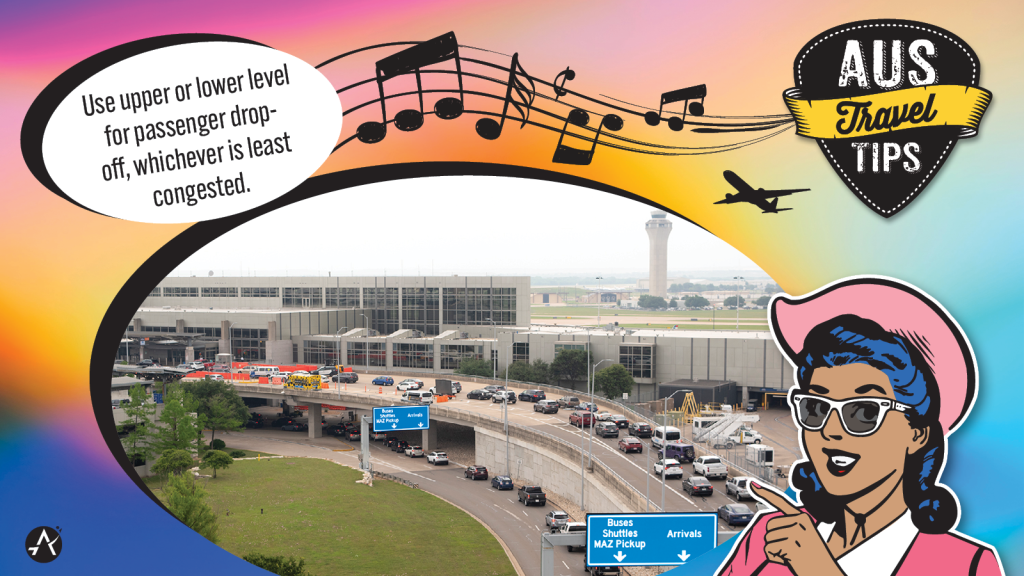 Graphic with photo of pickup/dropoff in front of AUS that reads, "use upper or lower level for passenger drop-off, whichever is least congested."
