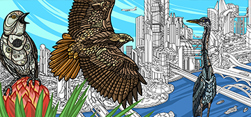 Mural with cityscape scenery and large native birds.
