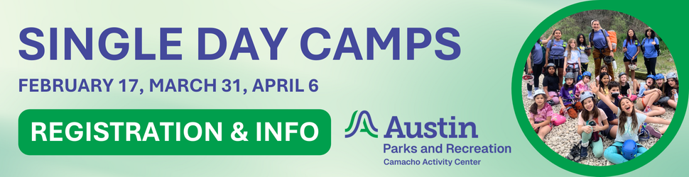 Banner with single day camp dates feb 17 march 31 and april 6