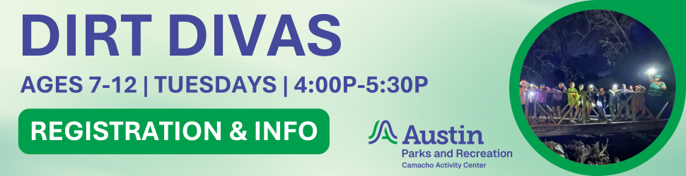 Banner with Dirt Divas dates and times on Tuesday from 4p-6p ages 7-12