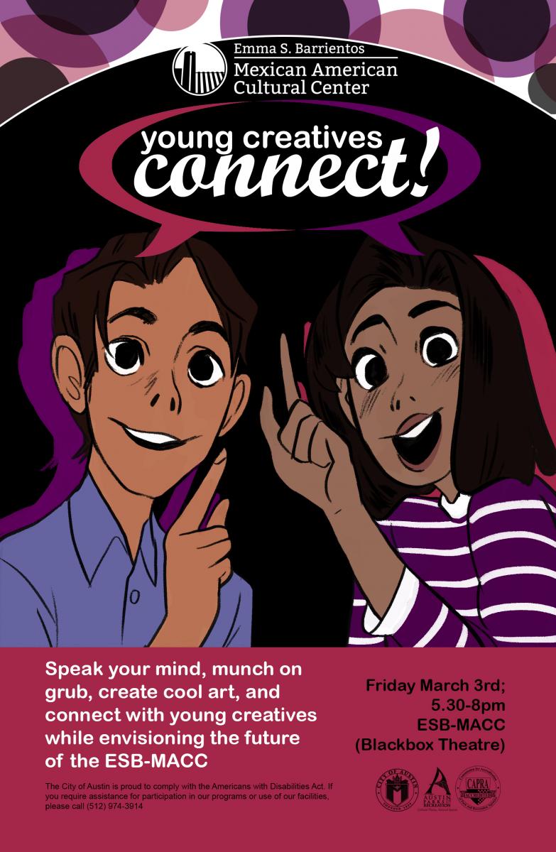 Youth Creatives Connect Poster. Teens divide into smaller groups to create a multimedia skit