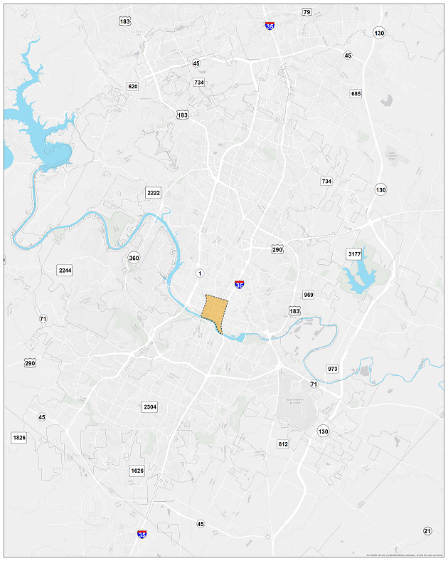 Map of Austin showing the ACT Plan study boundaries, which are North Lamar Boulevard, Martin Luther King, Jr. Boulevard, IH 35, and Lady Bird Lake.