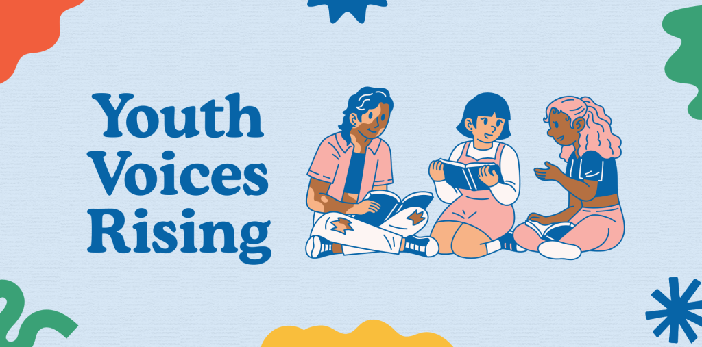 Youth Voices Rising. Three kids sit reading and talking.