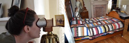 person viewing stereopscope and view of gallery bedroom with focus on Alamo descendent quilt