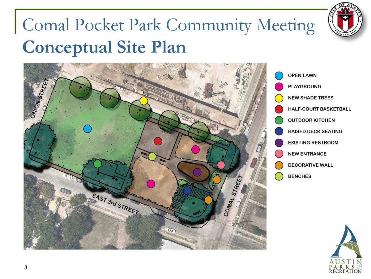 Comal Pocket Park conceptual site plan showing adjusted court and playground area