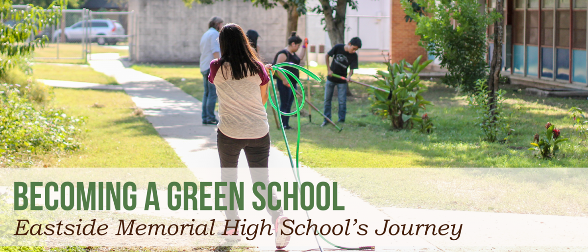 Becoming a green school: Eastside Memorial High School's Journey, photo is a girl carrying a hose.