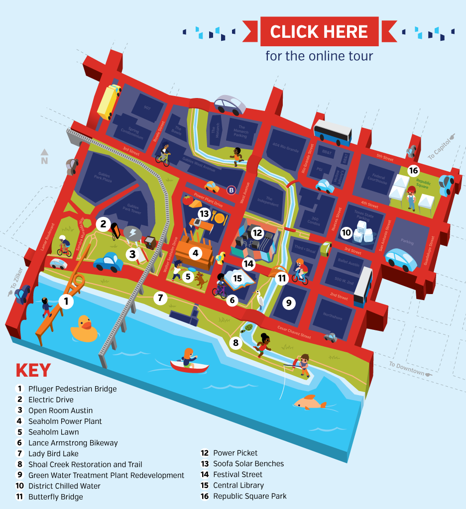 Map of the Seaholm EcoDistrict area with key.