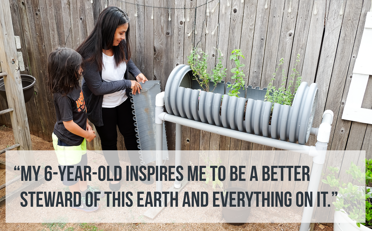 Paula with son in garden, Quote: "My 6-year-old inspires me to be a better steward of this earth and everything on it."