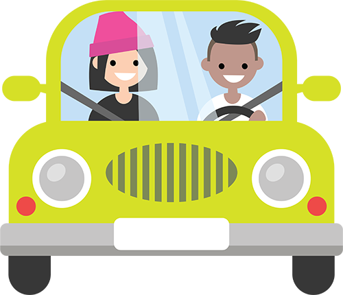 Illustrated graphic of two people in a car.