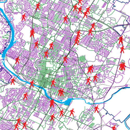 Image of a map showing Pedestrian deaths & sidewalks 2010-2014.