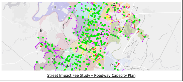 Map of Austin with text "Street Impact Fee Study - Roadway Capacity Plan"