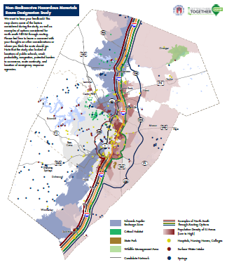 Non-radioactive hazardous materials route example map indicating environmental justice areas.
