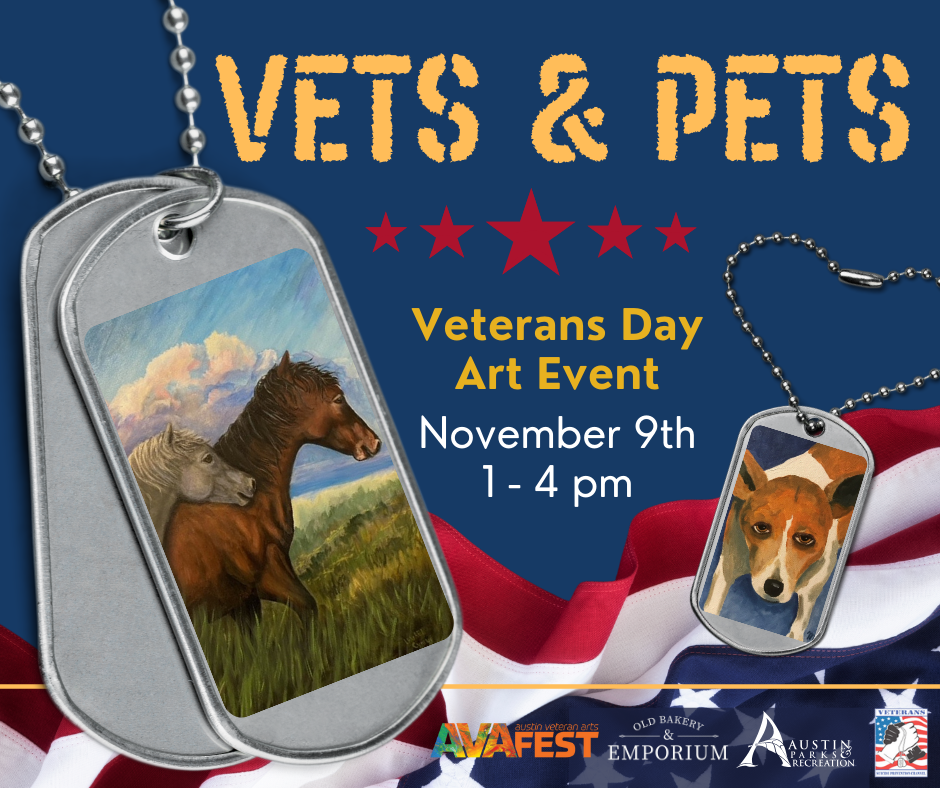 Vets & Pets: Veterans Day Art Event Saturday November 9th from 1 - 4 pm. Dog tags pictured featuring paintings of horses and dogs