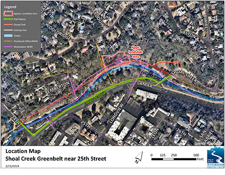 Map showing slope failure, trail detour and affected utility lines
