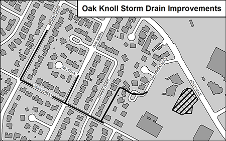 Map showing proposed storm drain pipes in the Oak Knoll area.