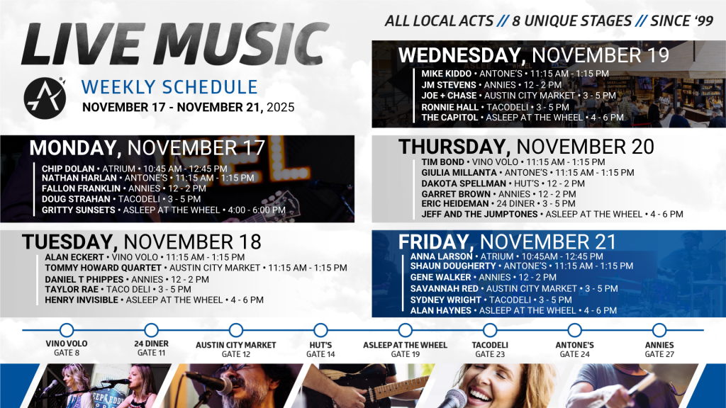 Live music schedule from Monday, November 17 to Friday, November 21