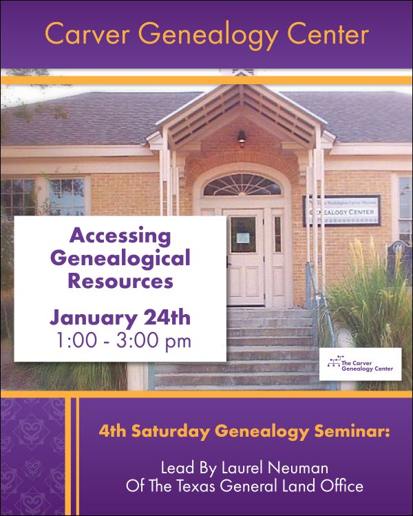 purple and gold graphic with photo of the George Washington Carver Genealogy Center in Austin, TX
