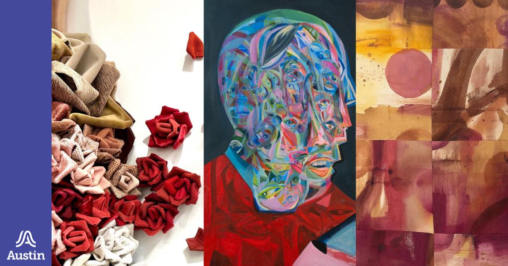 A graphic with three different images of artwork and the Austin A logo.