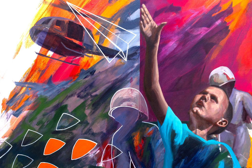 A painting depicting a child with their hand raised toward the sky. Above them a helicopter is flying and a outline of a paper airplane is in front of them. Incomplete figures of soldiers are present around them.