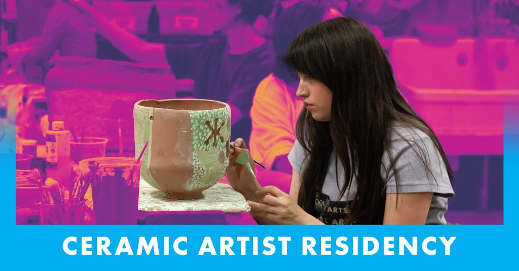 An image of a person painting a ceramic vessel in a studio space and the text 'Ceramic Artist Residency'