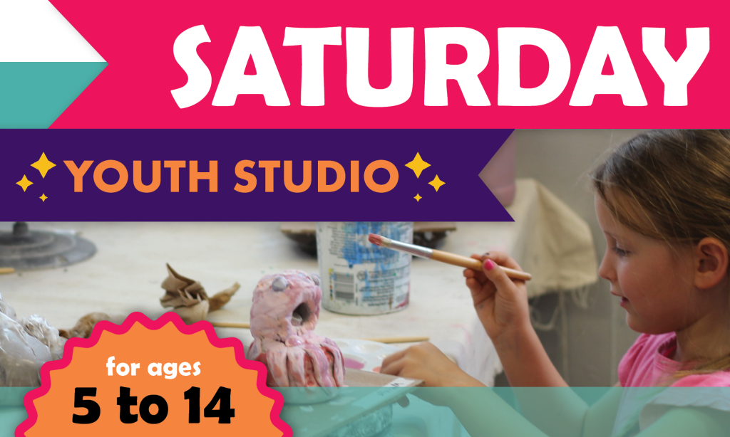 Saturday Youth Studio Printmaking graphic page header with photo of a youth participant glazing a hand-built ceramic piece with a paintbrush
