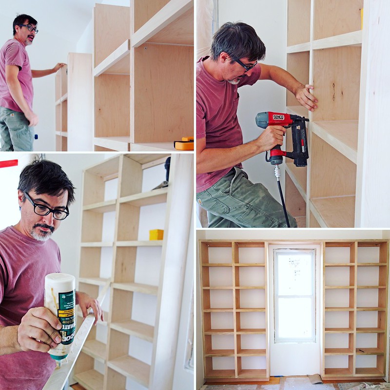 Collage of building built-in shelves.