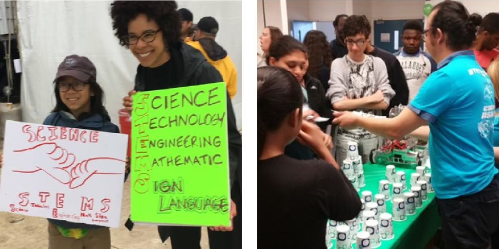 Left: a young boy with glasses and long hair holds a sign that says, "Science STEMS," and features a drawing of two hands signing. Next to him a black woman with glasses holds a sign that says, "Science, Technology, Engineering, Mathematic, Sign Language." Right: Gabriel stands at a table with high school age students gathered around him as we shows off a robotics model.