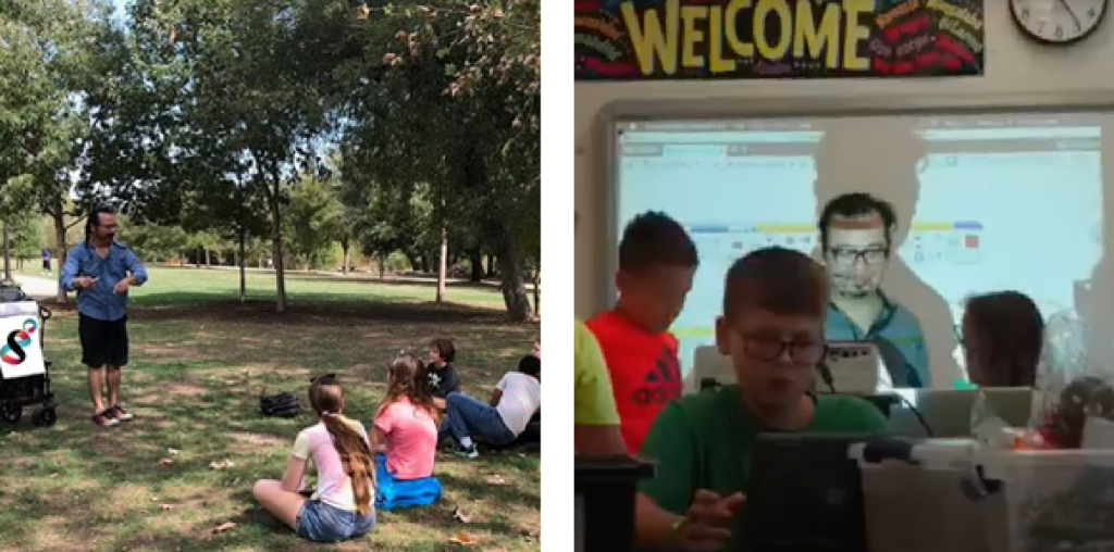 Left: Gabriel stands outside at Pease Park next to a poster of the STEMS logo signing. A group of students sit watching him. Right: Gabriel stands at a computer at the back of a classroom. Students are at desks also on computers. There is a projection on the wall.