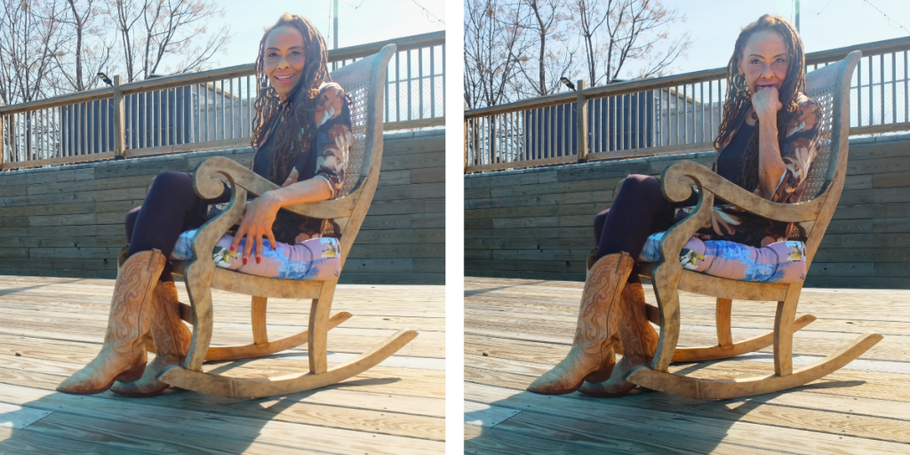 Two photos of Harvé sitting in an worn wooden rocking chair within an empty pool.
