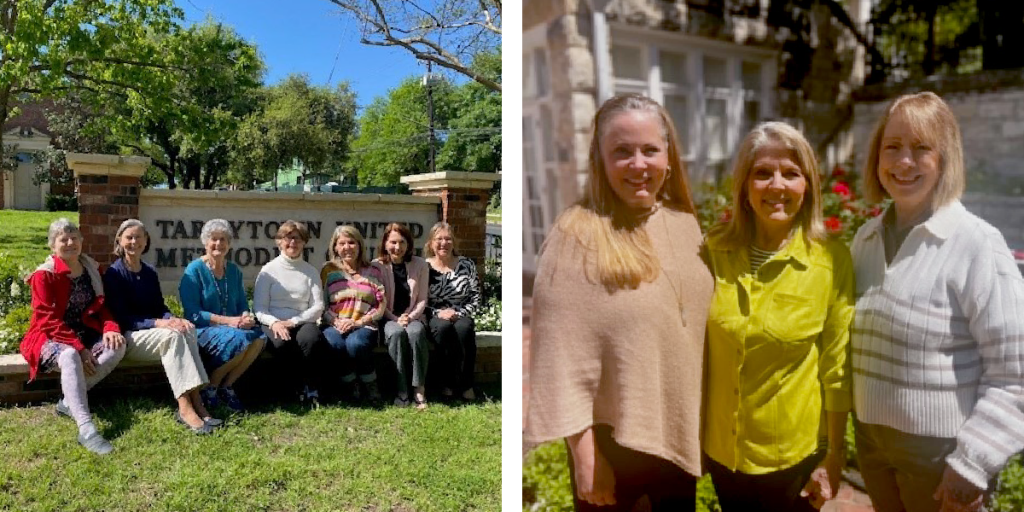 Left: a group of women sit in front of the sign for Tarrytown United Methodist Church; right: Susan stands in the middle of two other women in front of the Austin Woman's Club headquarters.