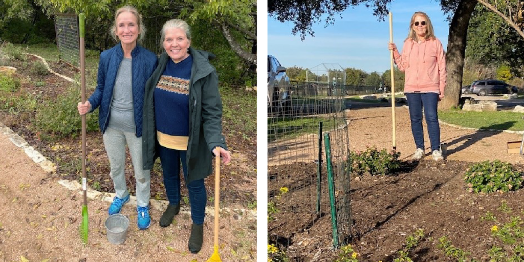 Left: Susan and another volunteer hold gardening tools near the Rollingwood Park butterfly garden; right: Susan holds a garden rake in the Rollingwood Park wildflower garden.