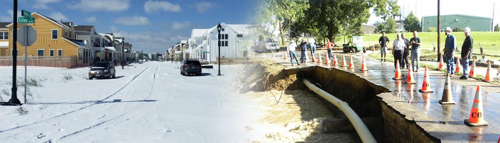 Banner of two photos. On the left: an image of a snowy street during Winter Storm Uri. On the right: a photo of inspections during flooding at Onion Creek.