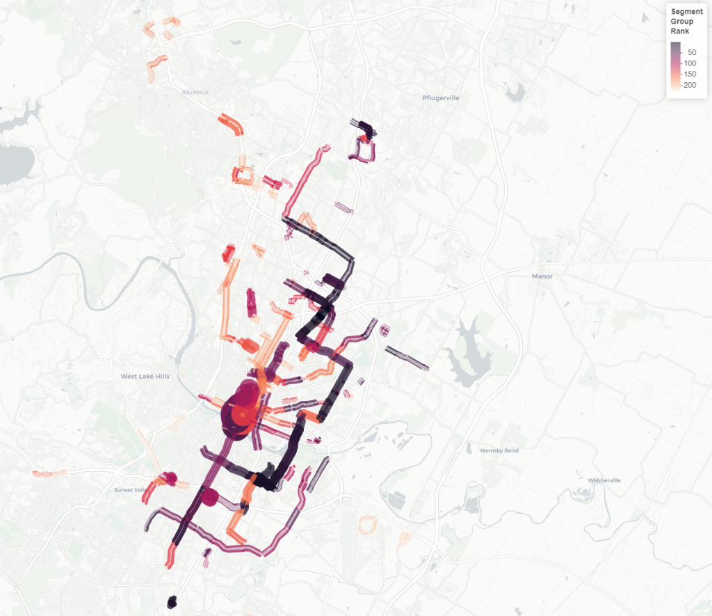 Darker-colored segments represent roadways with a higher need for transit infrastructure investment and lighter-colored segments represent roadways with a lower need for transit infrastructure investments.