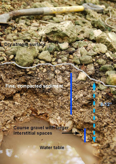 This is a picture of the cross-section of a stream bed when there is no surface flow and the water table has retreated to a sub-surface level.  