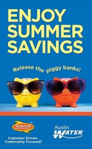 image of one yellow and one red piggy bank wearing sunglasses on a blue background with the text "Enjoy summer savings, release the piggy banks!" with logos for Austin Energy and Austin Water
