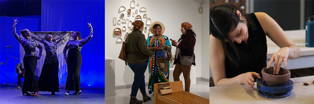 Three images. First image shows three women on a stage dancing flamenco. Second image shows three people having a conversation in a gallery space. Third image shows a person making a ceramic vessel.