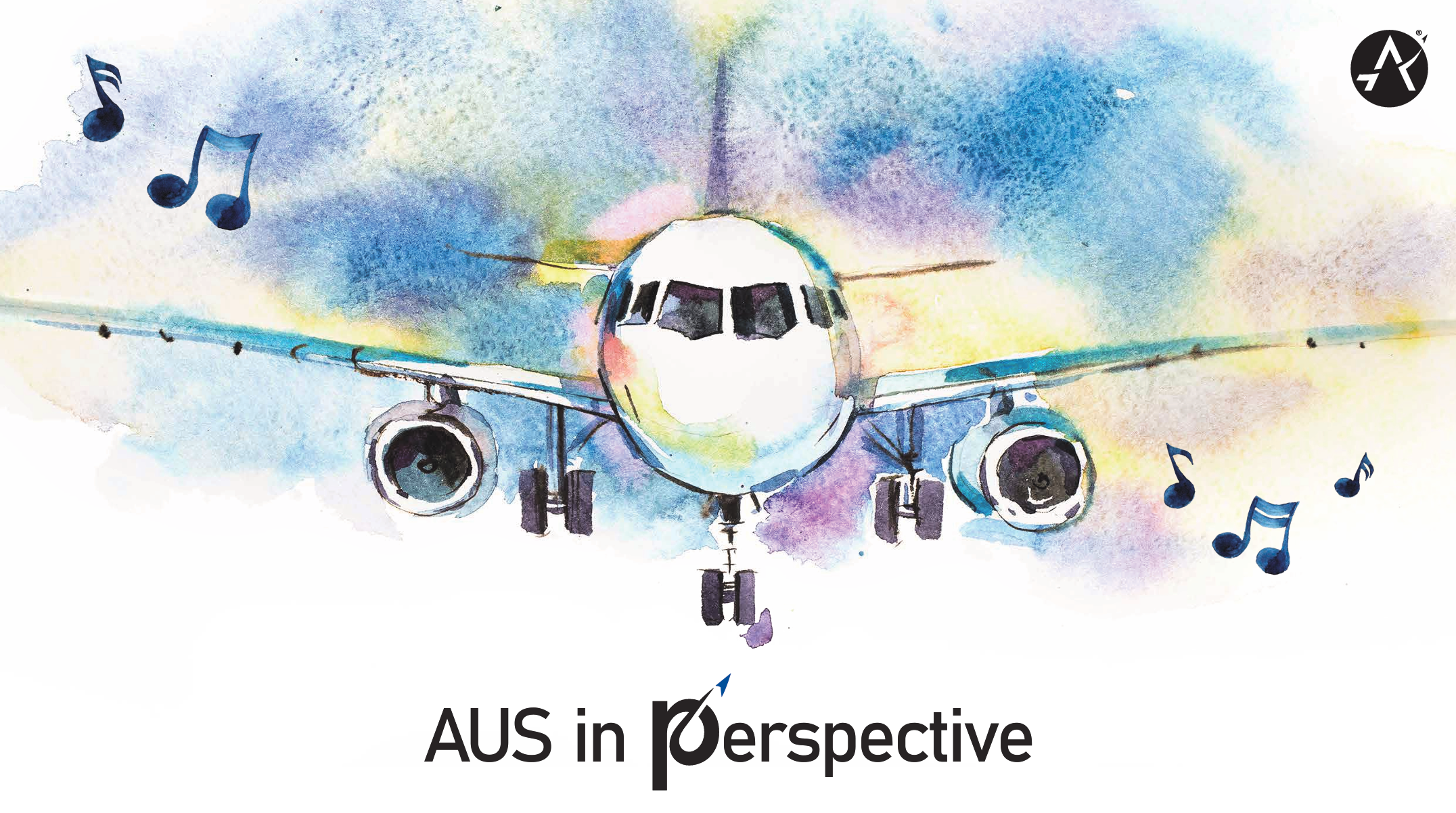 Illustration of the front/nose of an airplane on an airfield. Text reads: AUS in perspective