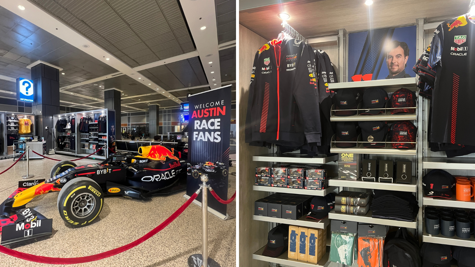 A picture of a red bull Formula 1 car and F1 merchandise on display at the airport. 