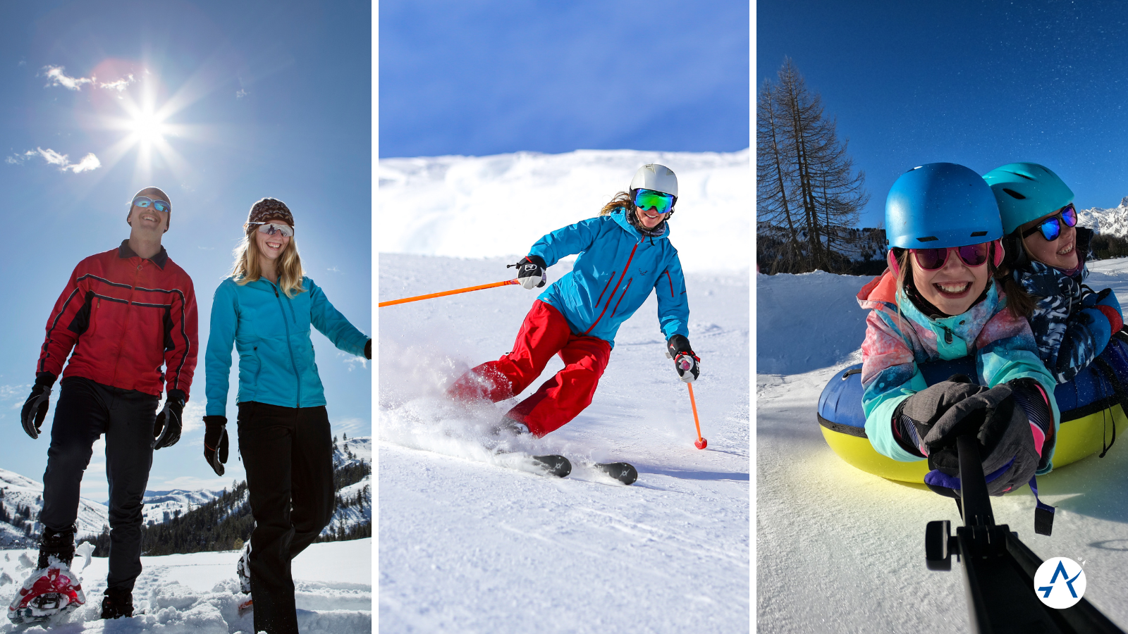 From right to left: Two people walking in the snow, a person skiing down a mountain, kids tubing down a mountain in the snow.