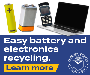 Photos of batteries and electronics. Text reads: Easy battery and electronics recycling. Learn more
