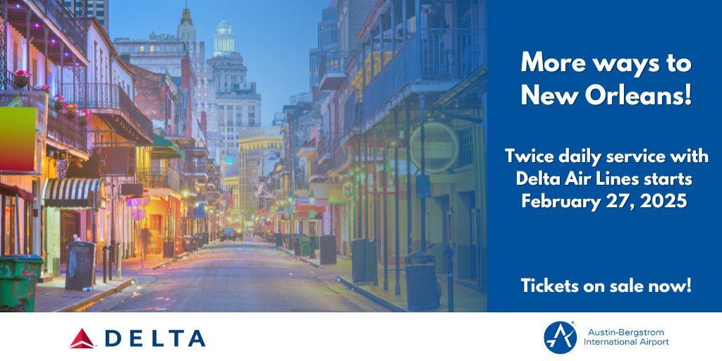 More ways to New Orleans! Twice daily service with Delta Air Lines starts February 27, 2025. Tickets on sale now!