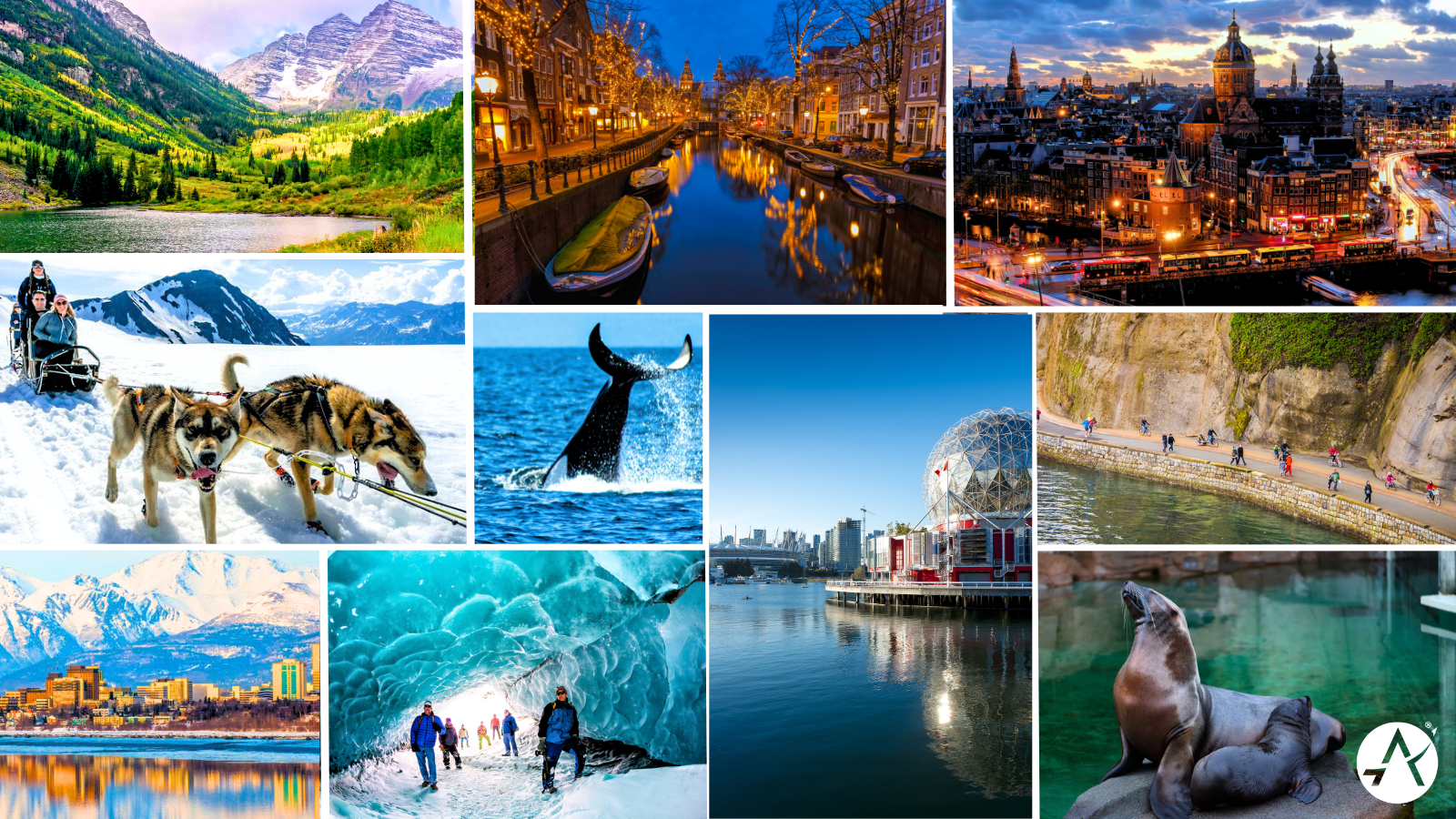 From top to bottom: A mountain landscape, a river canal behind it, a photo of a city at night, dogs pulling a sled, a whale tail, people on a bridge, people near a water edge, a city, people in a ice like cave, two seals.