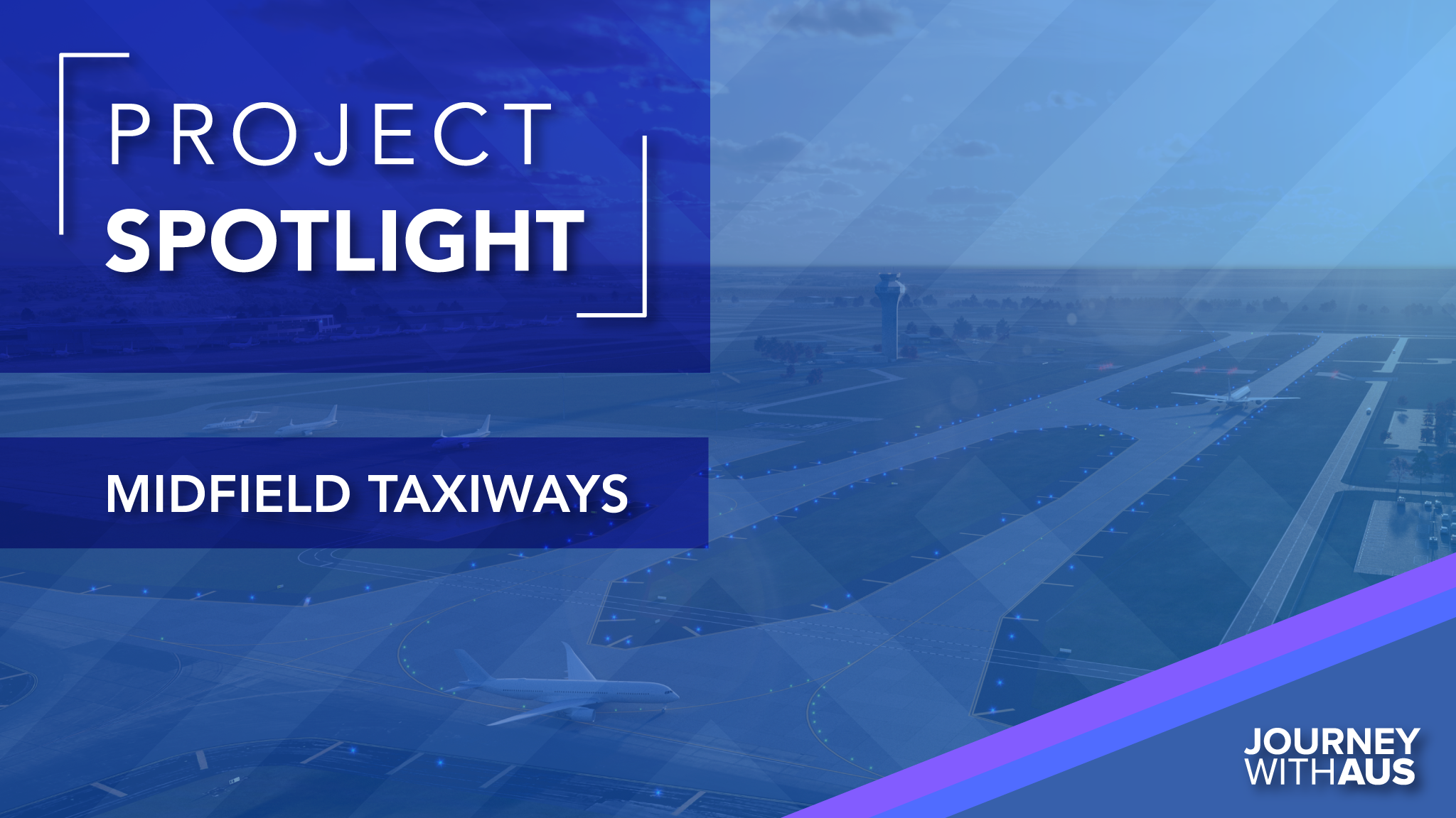 Graphic that reads, "Project Spotlight: Midfield Taxiways" overlaying a stylized conceptual rendering of aircraft traveling on one of the planned midfield taxiways.