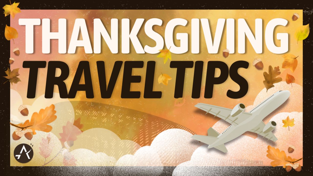 "Thanksgiving Travel Tips" graphic featuring warm autumnal tones of orange and yellow, with falling leaves, acorns, and a white airplane soaring through fluffy clouds. The text is bold and prominent, with decorative seasonal elements scattered around the design. The lower left corner includes the AUS airport logo.