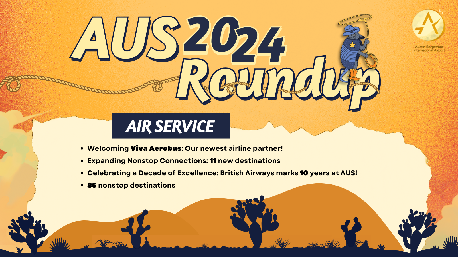 From top to bottom: A orange background with cactus on the bottom. Text reads AUS 2024 Roundup Air Service. There is an armadillo to the right.