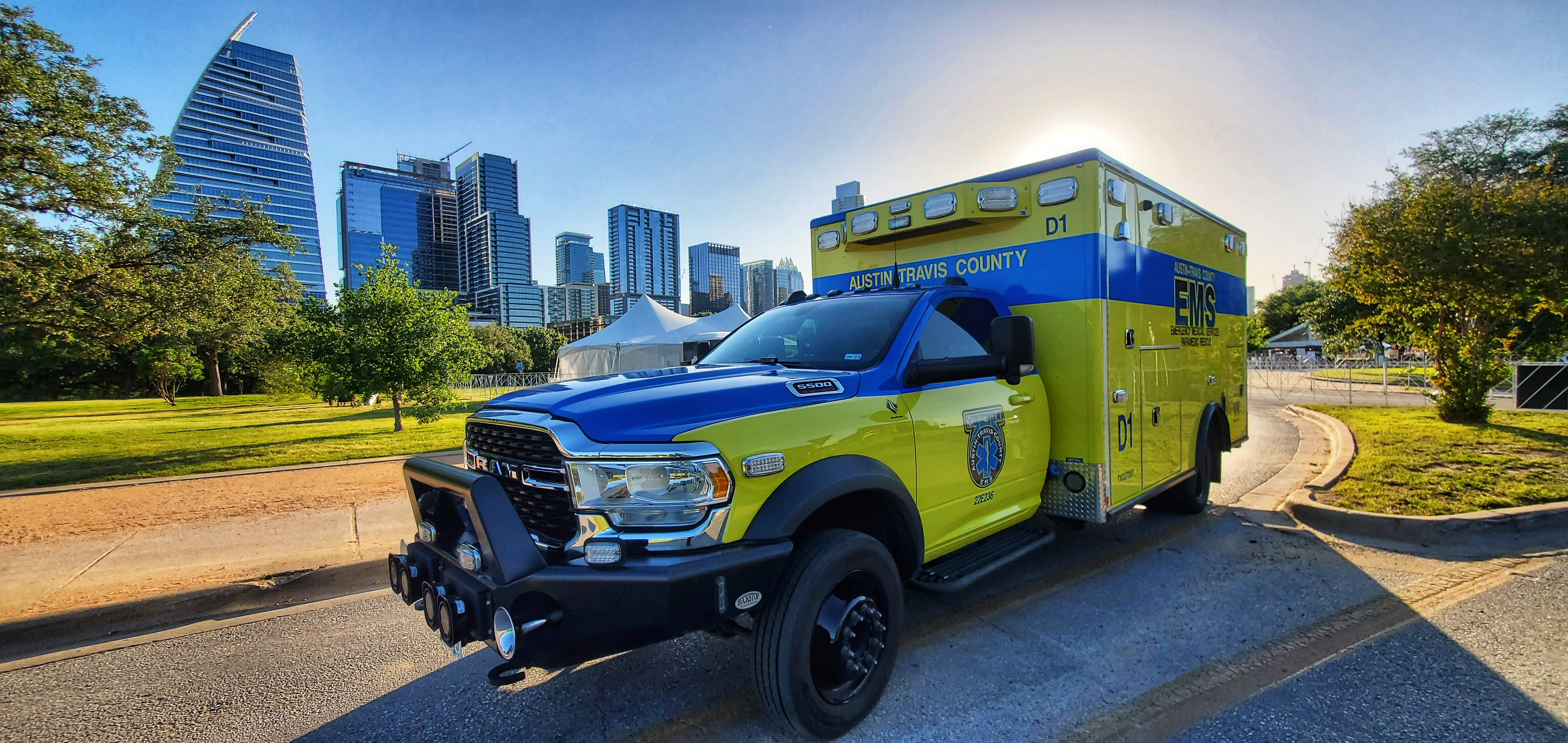 stylized ambulance Austin skyline