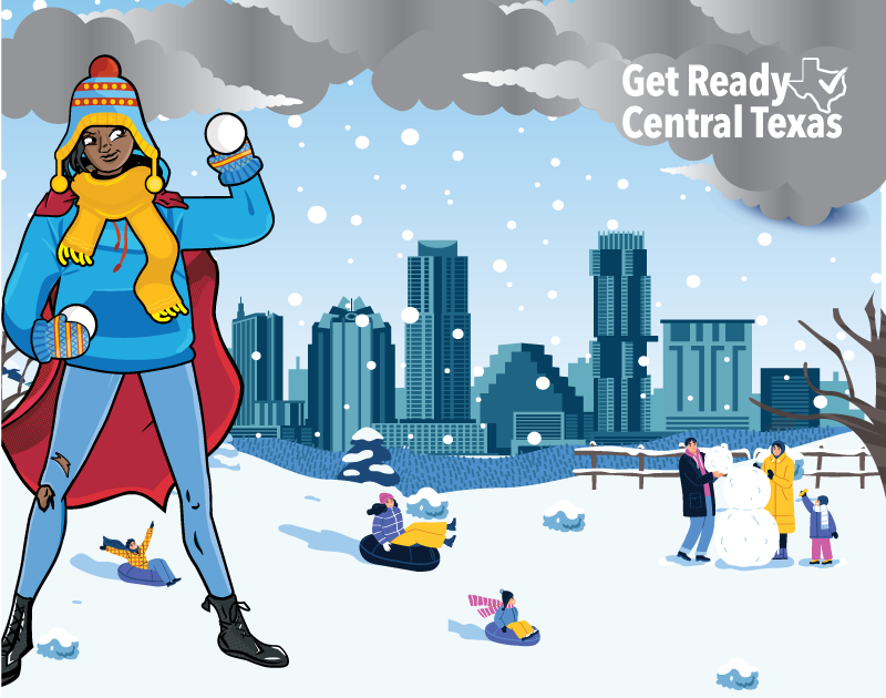 A comic-style image showing a young woman superhero wearing winter clothing and holding a snowball, while people play in the snow in front of an Austin skyline. 